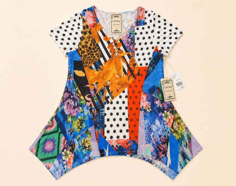 Vintage‎ Concept Patchwork Boho Tunic Top Multi Print NWT Large